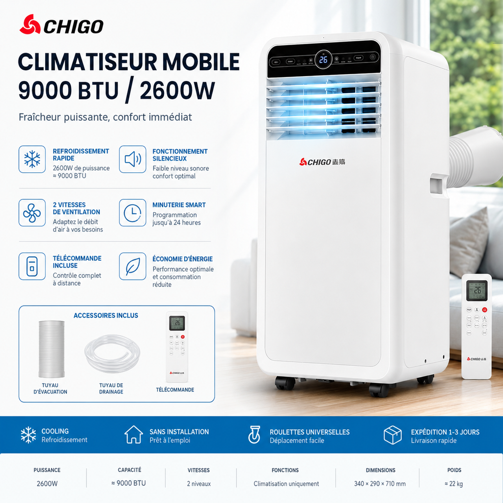 CHIGO® Climatiseur Portable 9000 BTU